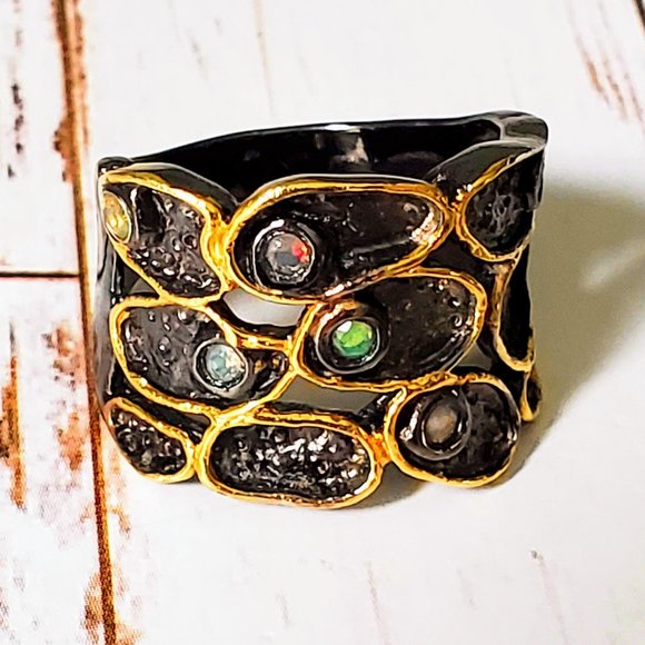 The Girl With Kaleidoscope Eyes Jewelry - Artisan Opal Sterling & 14 kt Gold Ring